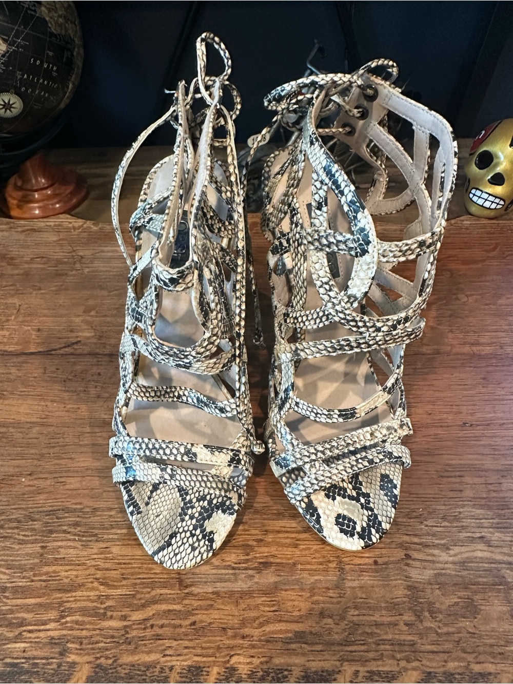 Topshop Snake-Print Lace-Up Strappy Heels in Black & Cream
